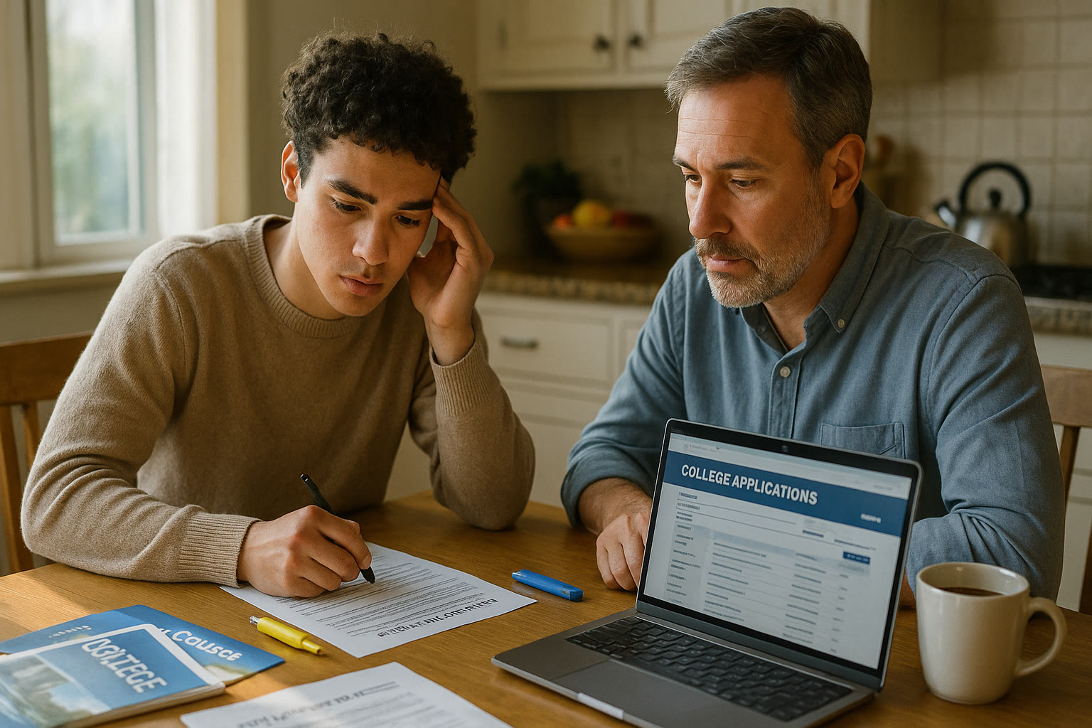 Photo Idea : A thoughtful scene of a student and parent at a kitchen table, looking over college application materials with a laptop open to a College Board page. Natural light, relaxed but focused atmosphere.