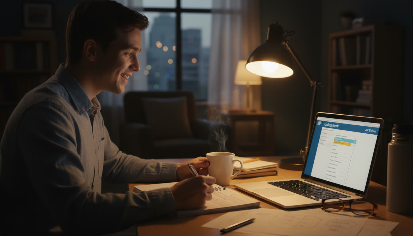Photo Idea : A focused student at a laptop late at night, looking at a score report with a cup of coffee and a notepad; warm lighting to evoke thoughtfulness and decision-making.