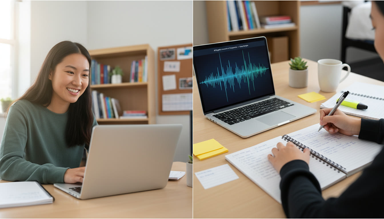 Photo Idea : A split-screen view showing a student watching their own waveform on a laptop while taking notes — captures the active review process and the small rituals that support improvement.