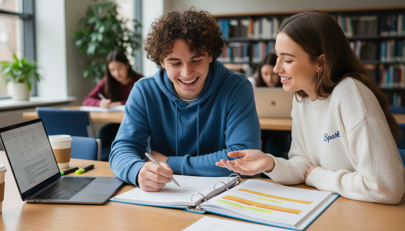 Photo Idea : A student and a tutor (suggesting Sparkl-style support) sitting across a table with a laptop and open binder, actively discussing a highlighted example. Focus on collaboration and engaged study.