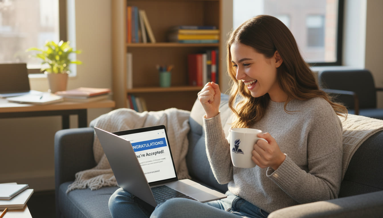 Photo Idea : A calm, inspirational shot of a student receiving an acceptance email on a laptop while holding a coffee — suggests reward and relief after focused effort.