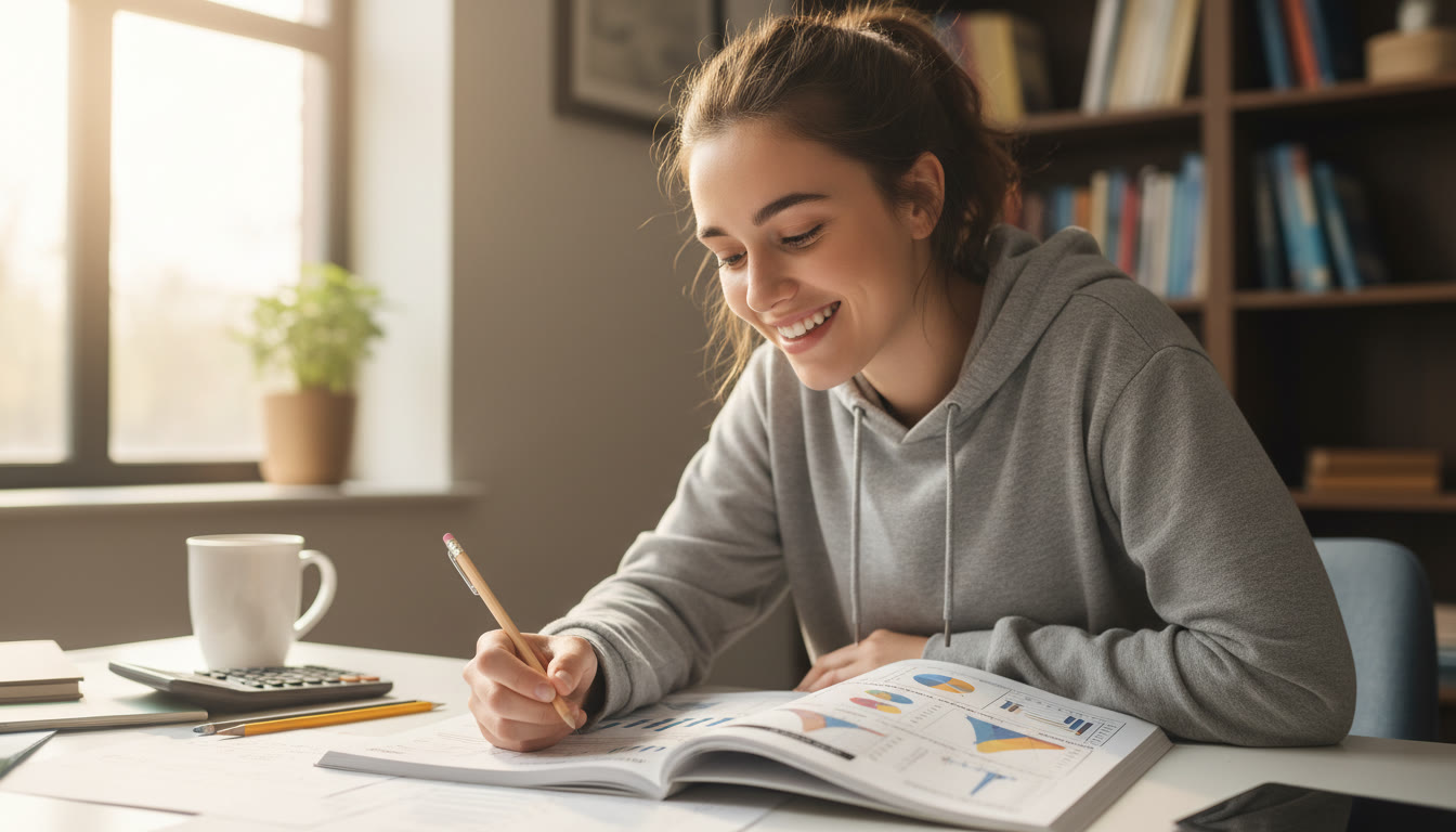Photo Idea : A student at a desk leaning over an open AP exam, with a visible data appendix page filled with charts and tables. Natural light, focused expression — shows concentration and the tactile nature of working with data.