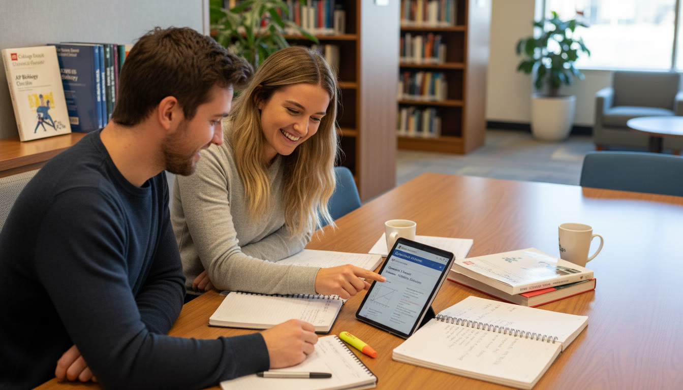 Photo Idea : Mid-article image of a student in a quiet study nook working with a tutor on an AP free-response question, notes spread out and a tablet showing practice material — conveying focused study and personalised support.