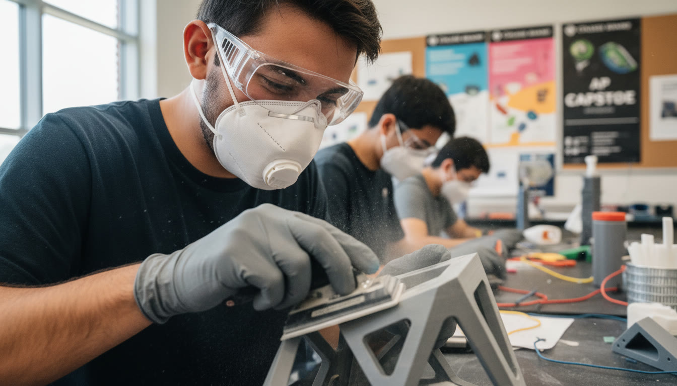 Photo Idea : Close-up of a student carefully sanding a 3D-printed part with a respirator and goggles on, demonstrating correct PPE use during post-processing.