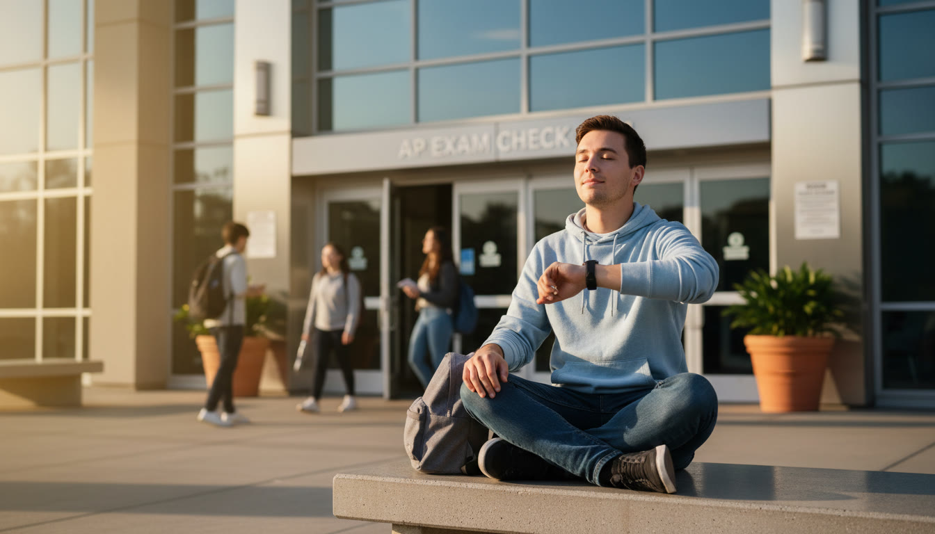 Photo Idea : Calm student sitting at the test-center entrance with a small backpack, checking their watch, taking a deep breath; soft morning light, a sense of quiet readiness.