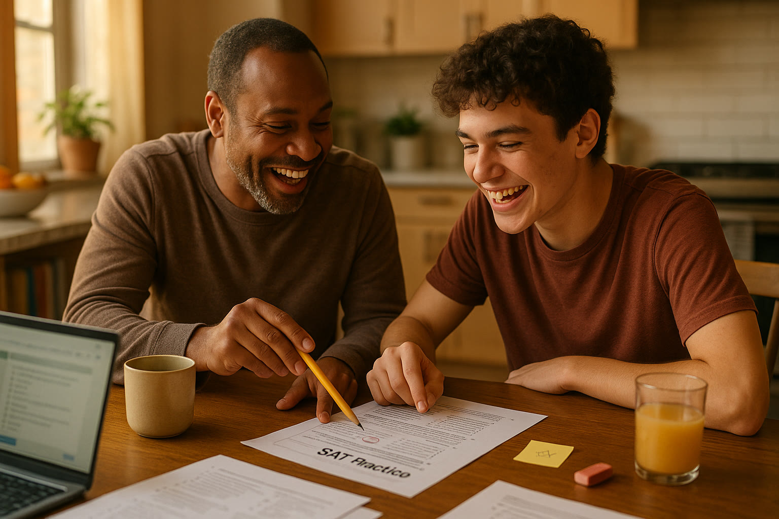 Photo Idea : A warm, candid photo of a parent and teen sitting at the kitchen table reviewing a practice SAT section together, laughing over a small victory (a correct answer or a breakthrough explanation).