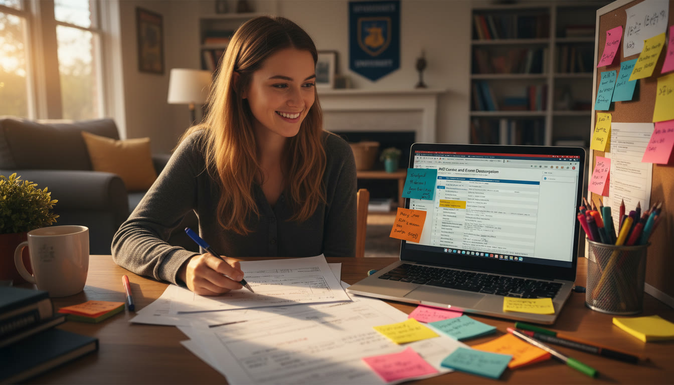 Photo Idea : A student at a desk surrounded by annotated PDFs, sticky notes, colored pens, and a laptop open to a CED document — warm natural light, focused mood. This image should appear near the top to set the scene for hands-on planning.