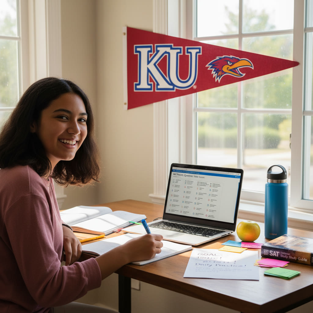 Photo Idea : A bright, candid photo of a high school student studying on a sunlit desk with a KU pennant in the background — laptop open to practice questions and paper notes scattered nearby.