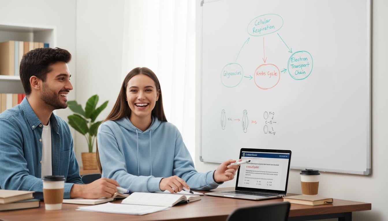 Photo Idea : A tutoring session scene with a student and a tutor (one‑on‑one), a whiteboard with a small concept map, and a laptop showing a practice question. The interaction looks collaborative and encouraging, highlighting tailored guidance and clarity.
