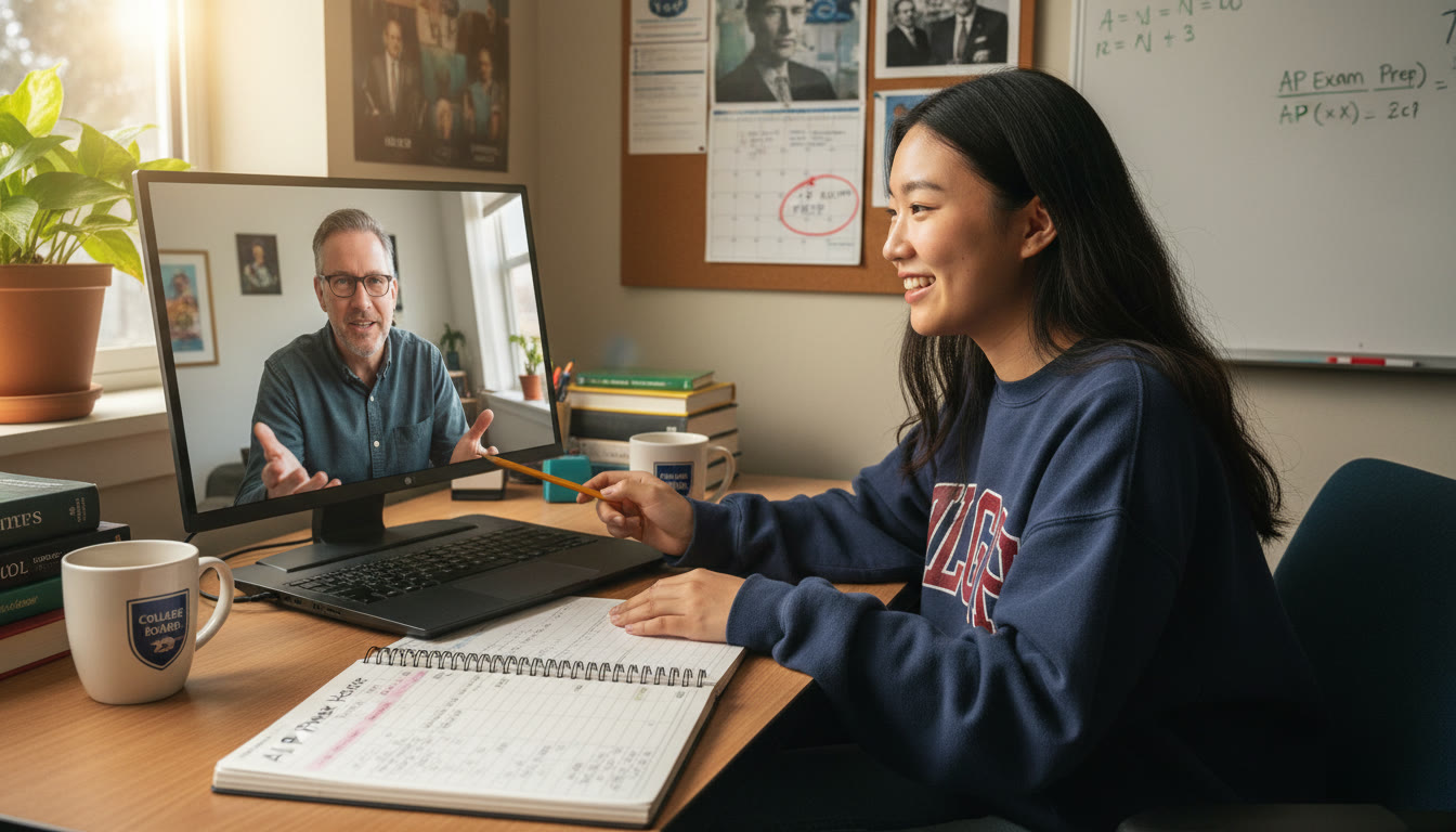Photo Idea : A student and an online tutor (screen visible) working together with the student’s Power Hour tracker open beside them. Warm, encouraging atmosphere to show the human side of tutoring.