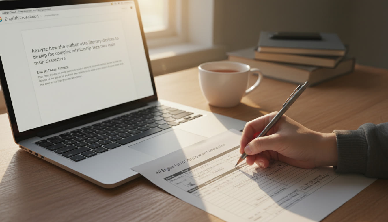 Photo Idea : A close-up of a student’s hand annotating a printed AP rubric beside a laptop with an open practice prompt — warm natural light, cozy study setup.