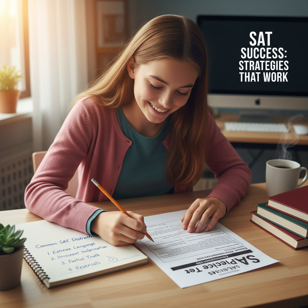 Photo idea: A student at a desk circling a test paper with a thoughtful expression; lighting suggests concentration, with a visible notebook showing notes on common distractors.