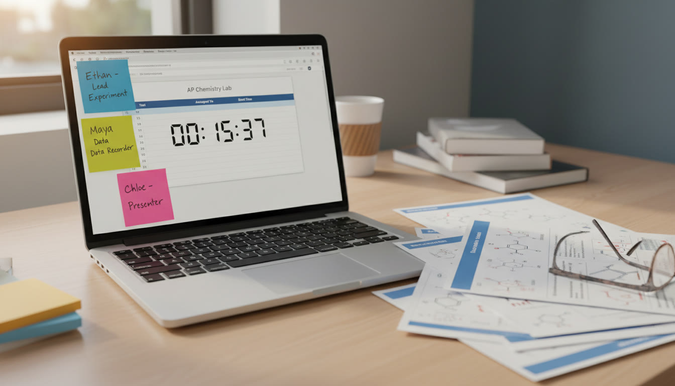 Photo Idea : A close-up of a timing spreadsheet on a laptop screen with a countdown timer, sticky notes indicating roles, and a printed slide deck on the desk.