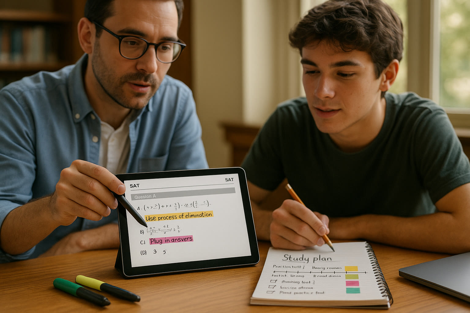 Photo Idea : A tutor and high-school student reviewing a digital SAT practice test on a tablet, with highlighted strategies and a notepad showing a study plan timeline.