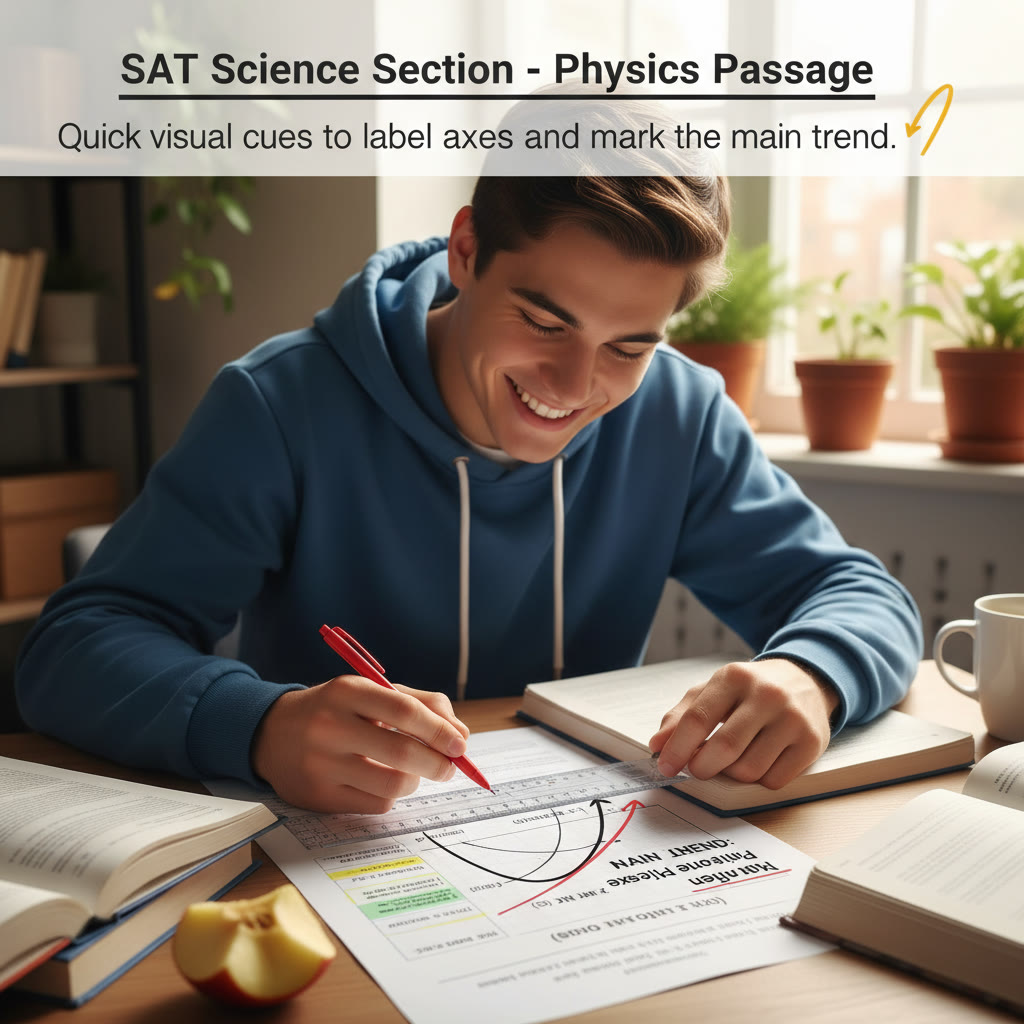 Student highlighting and annotating a printed science passage with a ruler pointing to a graph; suggested caption: quick visual cues to label axes and mark the main trend.