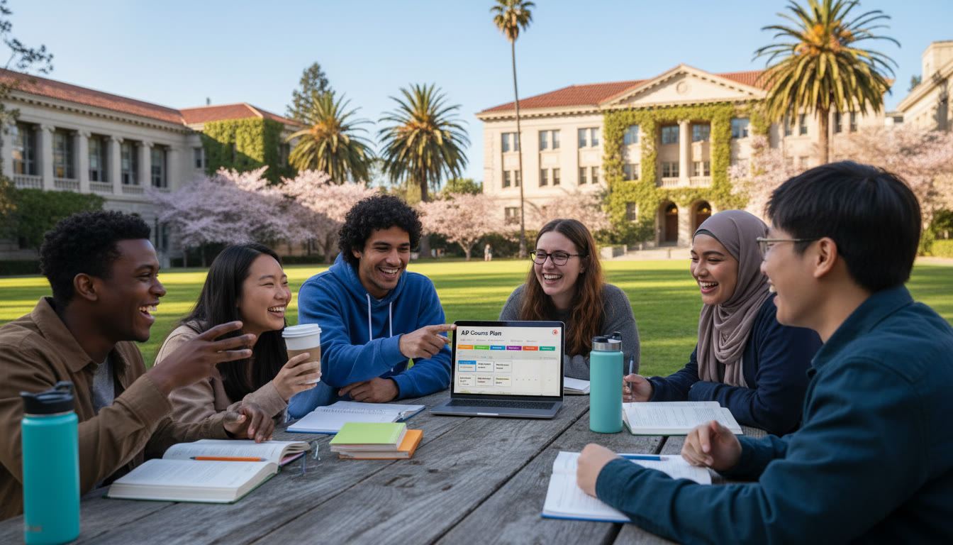 Photo Idea : A bright, diverse study group on a Berkeley-like campus quad, with a student pointing at a laptop screen showing a course plan. This would sit near the top of the article to set an inviting tone.