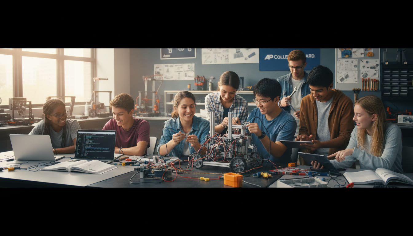 Photo Idea : A dynamic shot of a high school robotics team (multiethnic group) around a robot, some students coding on laptops and others soldering components — capturing collaboration, problem-solving, and the maker spirit.