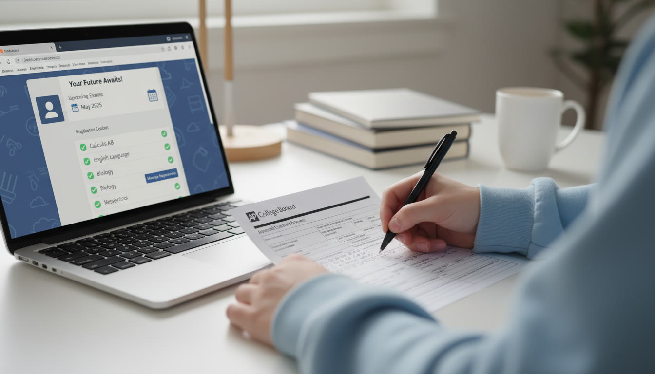Photo Idea : Close-up of a student’s hands filling out a form, next to a laptop showing an AP student account dashboard. The scene conveys administrative action and deliberate planning.