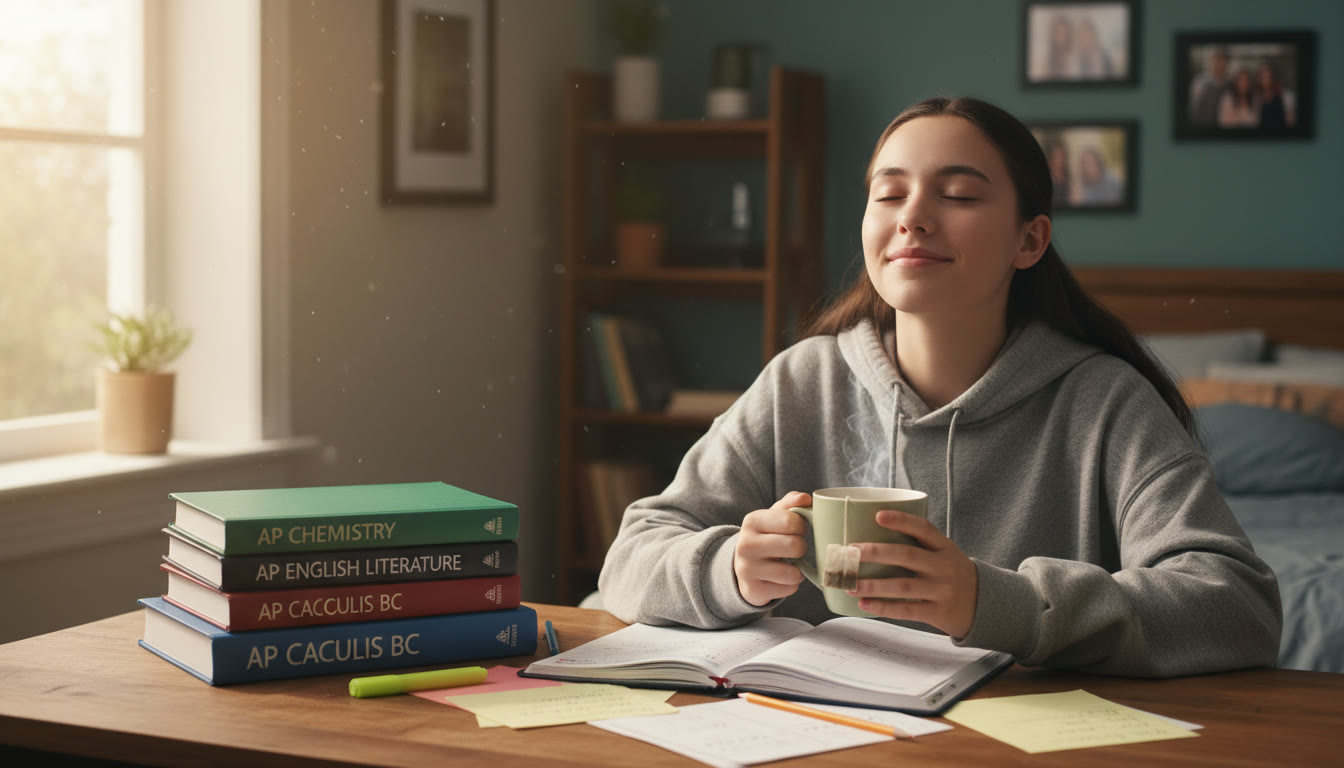Photo Idea : A high-school student at a desk with AP books, a planner, and a calming cup of tea, mid-breath in a relaxed posture. This image suits the article’s opening to humanize the topic and show a realistic preparation scene.