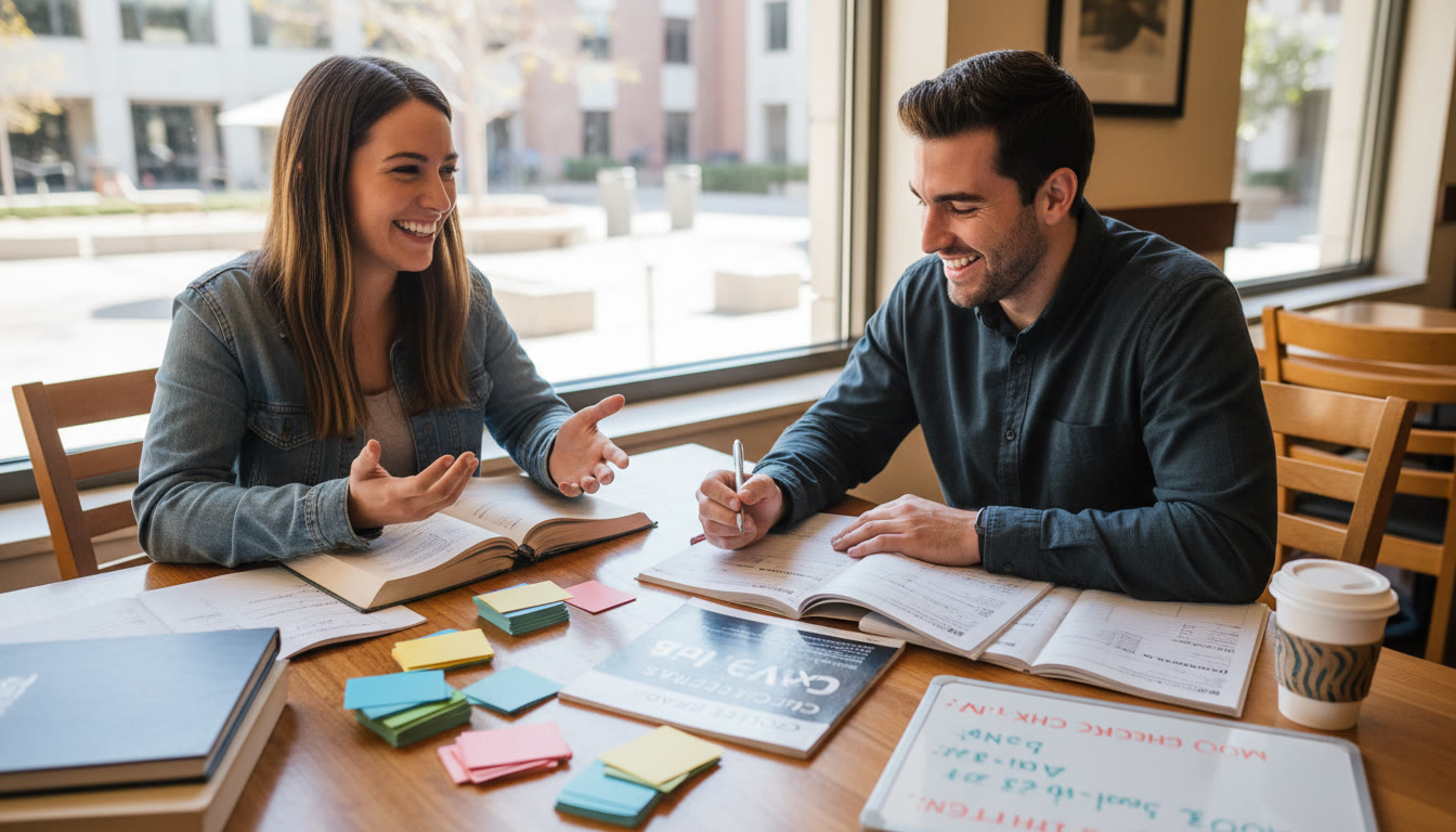 Photo Idea : A student and a tutor (or teacher) reviewing a practice test together over a table with notes and color-coded flashcards—conveys collaboration and targeted review that follows from monthly check-ins.