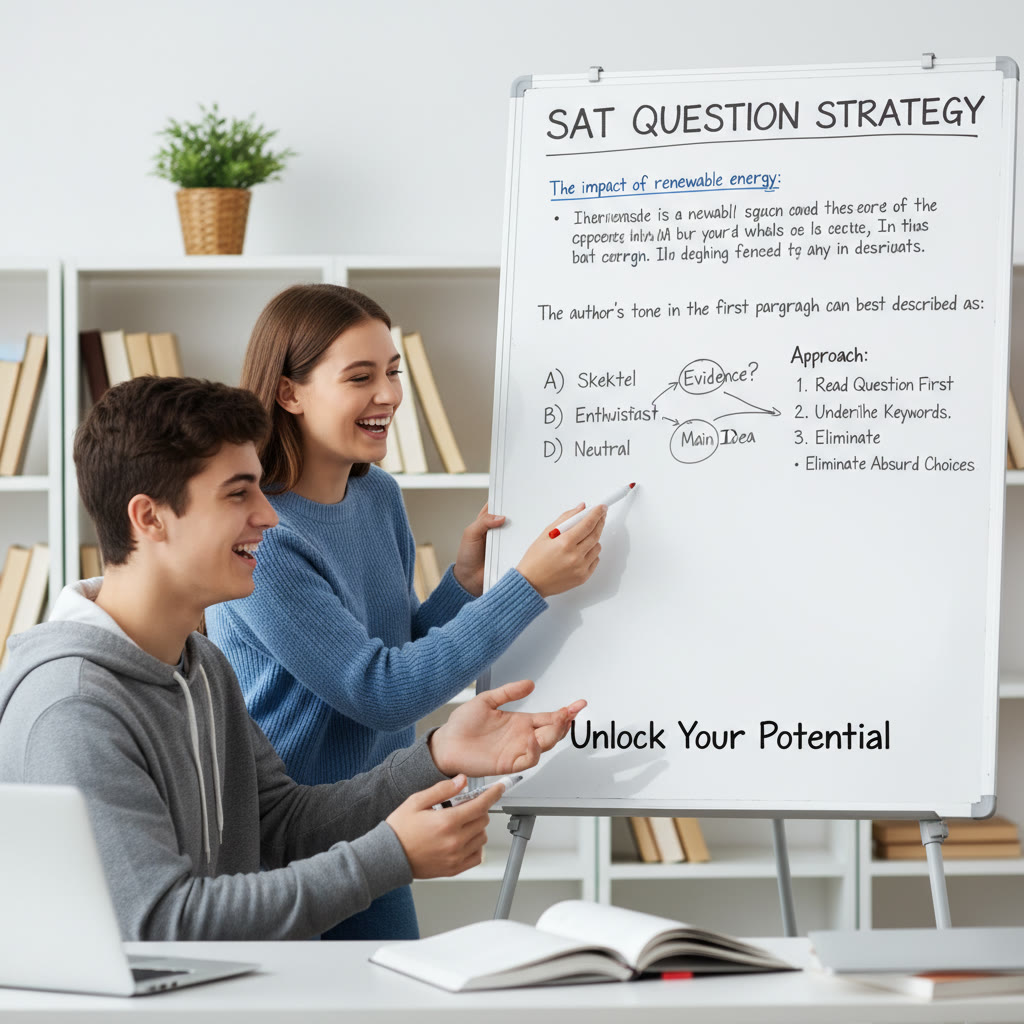 A tutor and student reviewing an SAT question on a whiteboard, pointing out question structure and discussing strategy