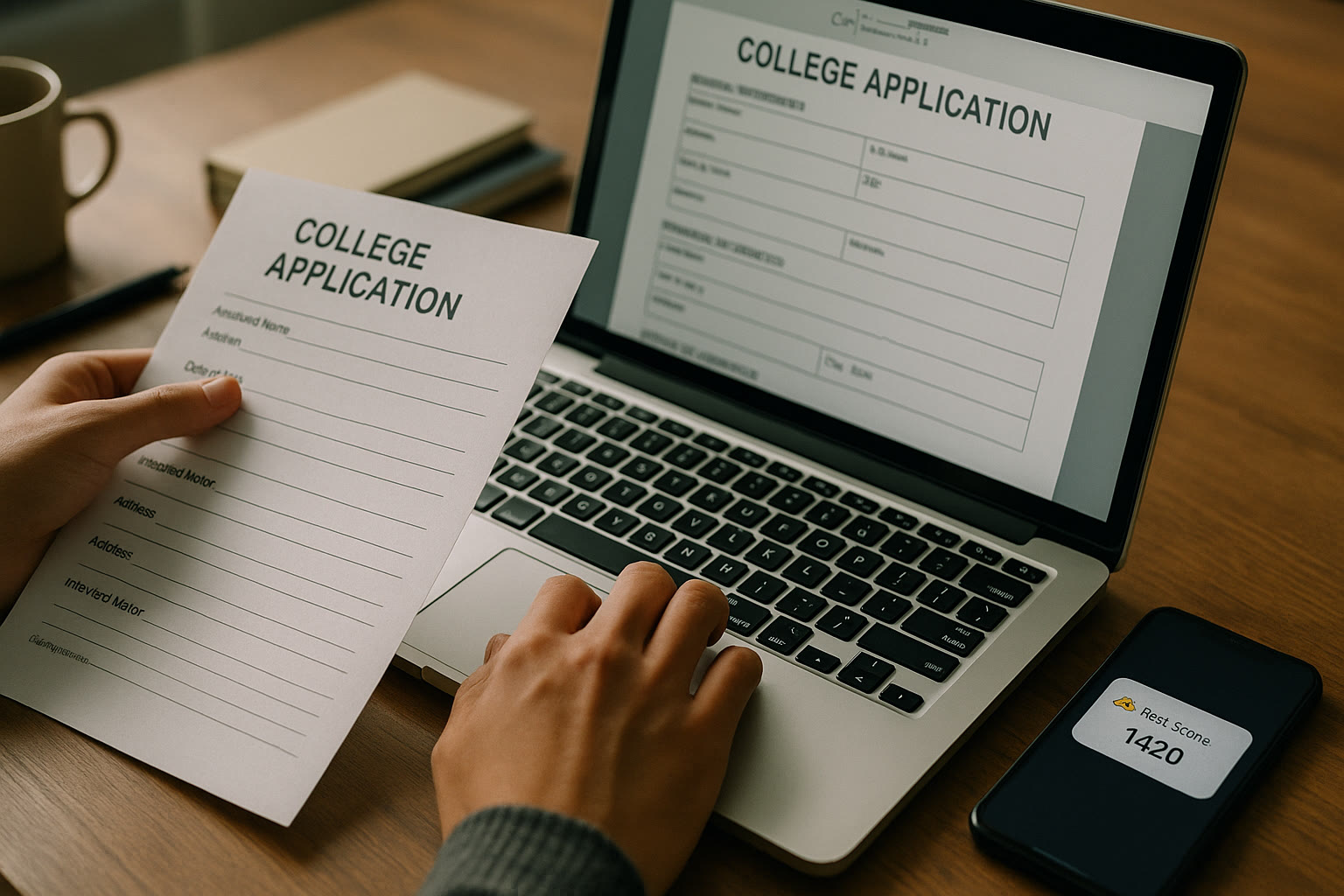 Photo Idea : Close-up of a student’s hands filling out a college application form on a laptop with a phone beside showing a test score notification.