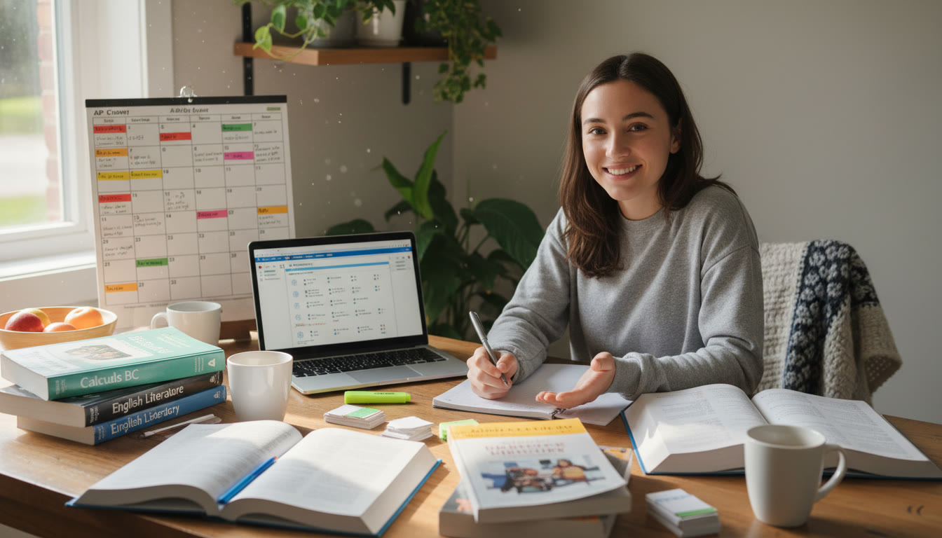 Photo Idea : A student at a kitchen table surrounded by open AP textbooks, a laptop with a practice test, and a calendar showing a study schedule. The mood is focused and calm, conveying organized effort rather than panic.
