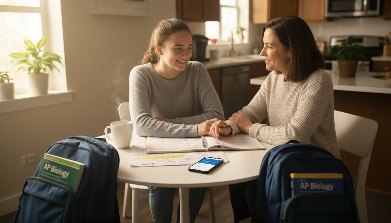 Photo Idea : A calm parent and teen sitting at a kitchen table with an open calendar and backpacks—soft morning light, coffee mug, and a phone with the College Board app visible. This photo belongs in the top third of the article to set a grounded, problem-solving mood.