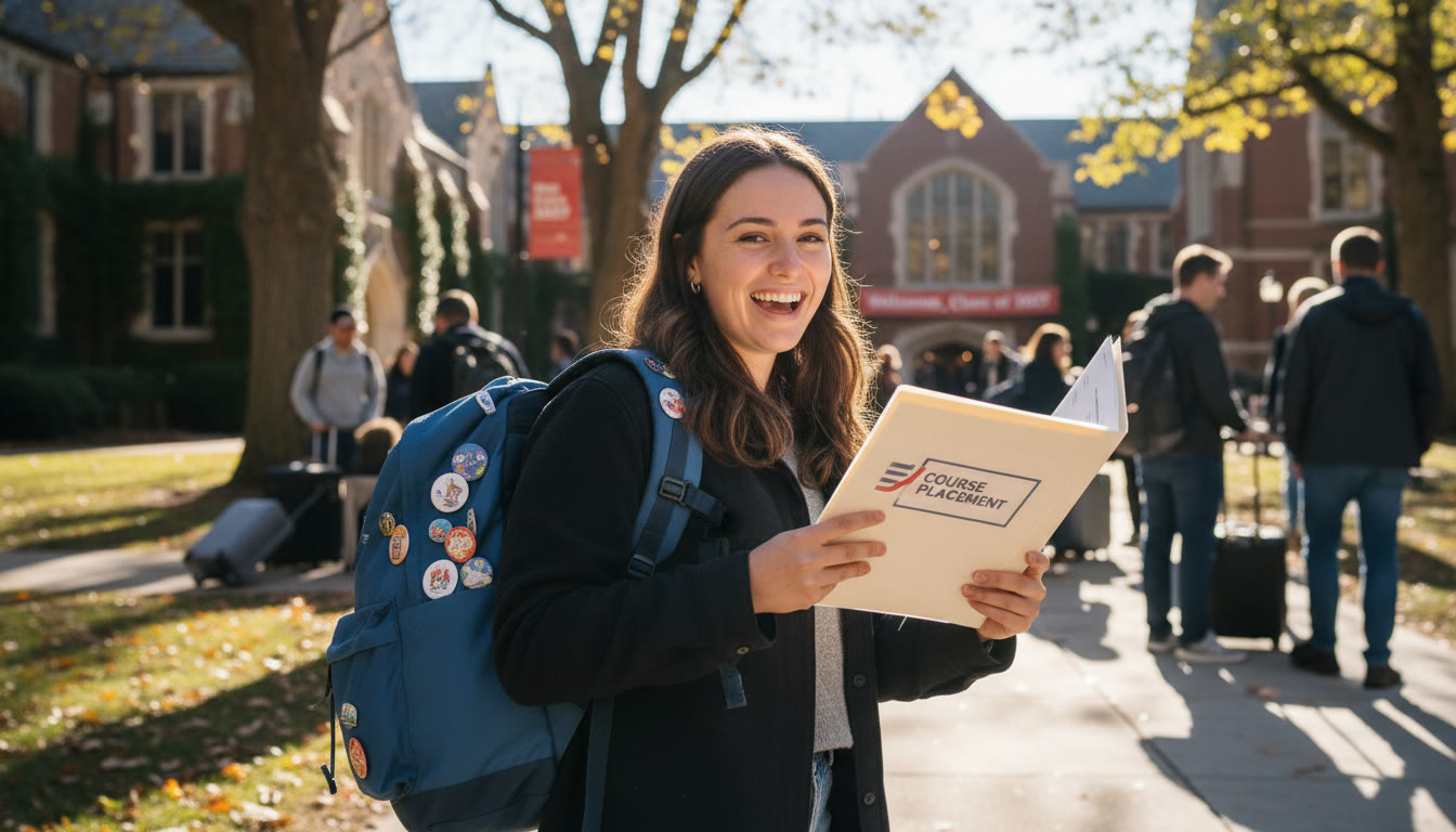 Photo Idea : A hopeful, celebratory image of a student on move-in day or first-week-of-college, backpack slung over shoulder, holding a small folder labeled 