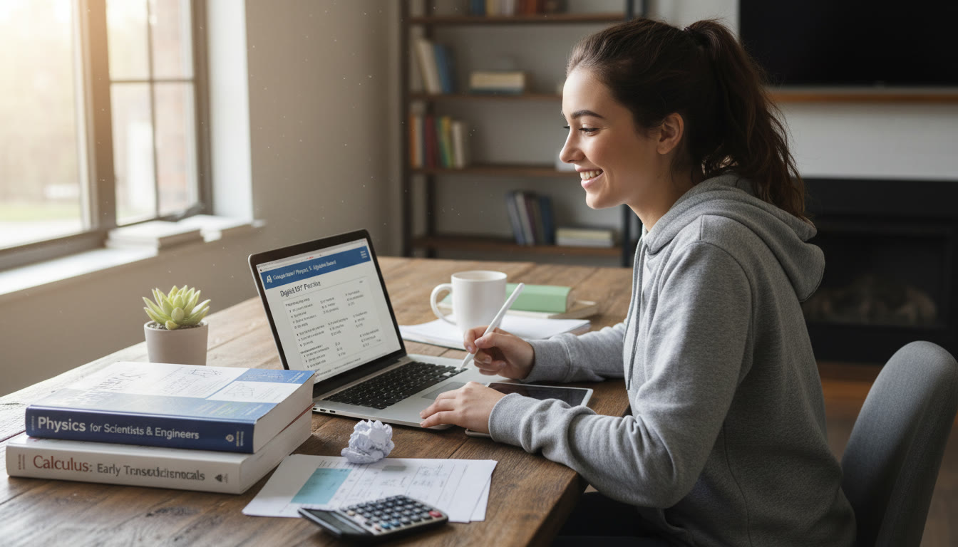 Photo Idea : A focused student at a wooden desk with physics and calculus textbooks open, practicing on a laptop with a digital practice test visible on screen   emphasizing blended AP coursework and Digital SAT preparation.