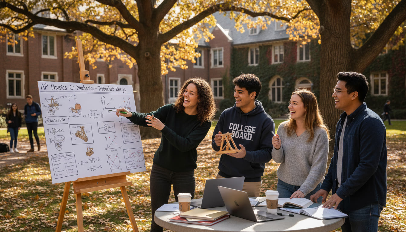 Photo Idea : A warm scene of a college campus study group clustered around a project poster, showcasing collaboration and hands-on learning in a term-based curriculum.