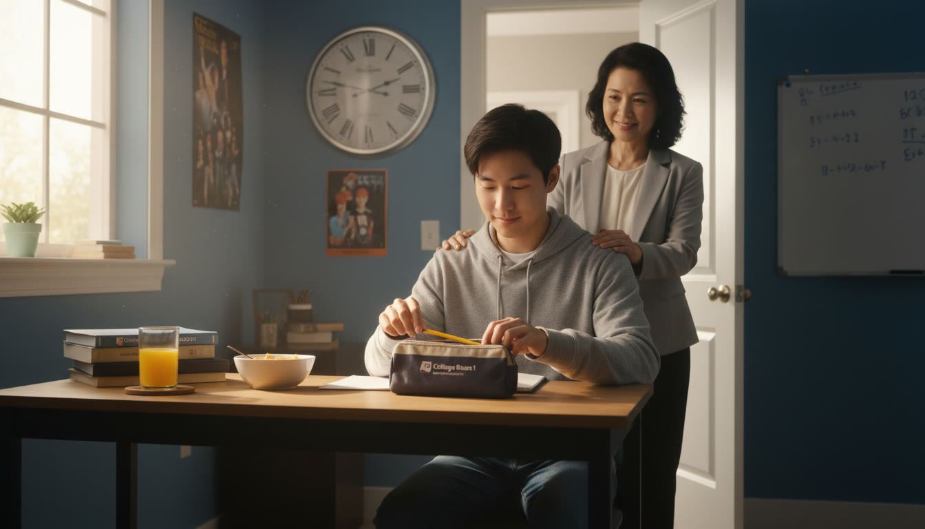 Photo Idea : A calm morning on exam day — a student putting a pencil into a pencil case, a parent offering a reassuring pat on the shoulder in the doorway. The clock shows early morning; the mood is supportive but confident.