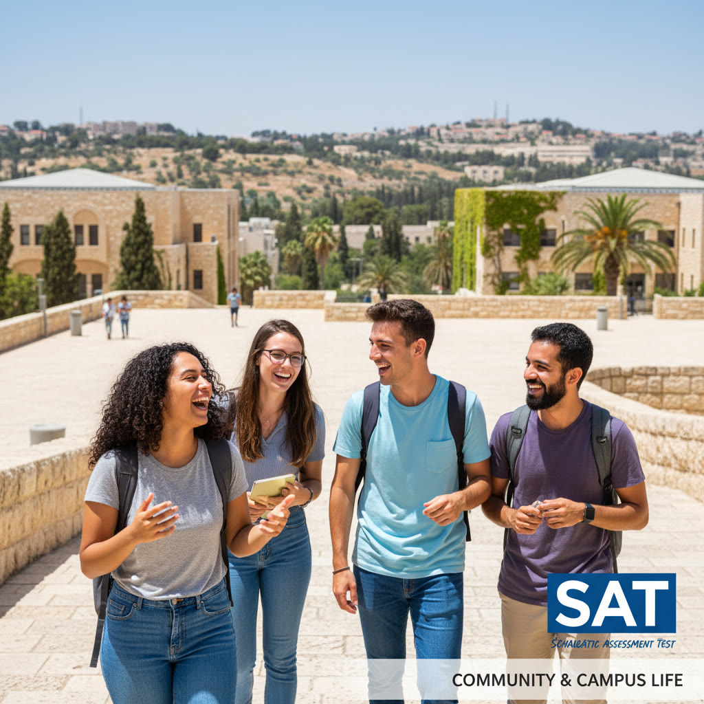 Photo Idea : A group of international students on the Hebrew University campus walk smiling and talking — conveys community and campus life.