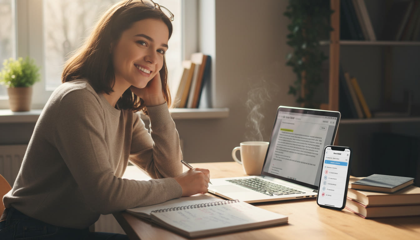 Photo Idea : A warm, candid study scene — a student at a desk with a laptop open to a digital text, a notebook with handwritten notes, and a phone showing an app with practice questions. Natural light, coffee cup nearby, relaxed focus.