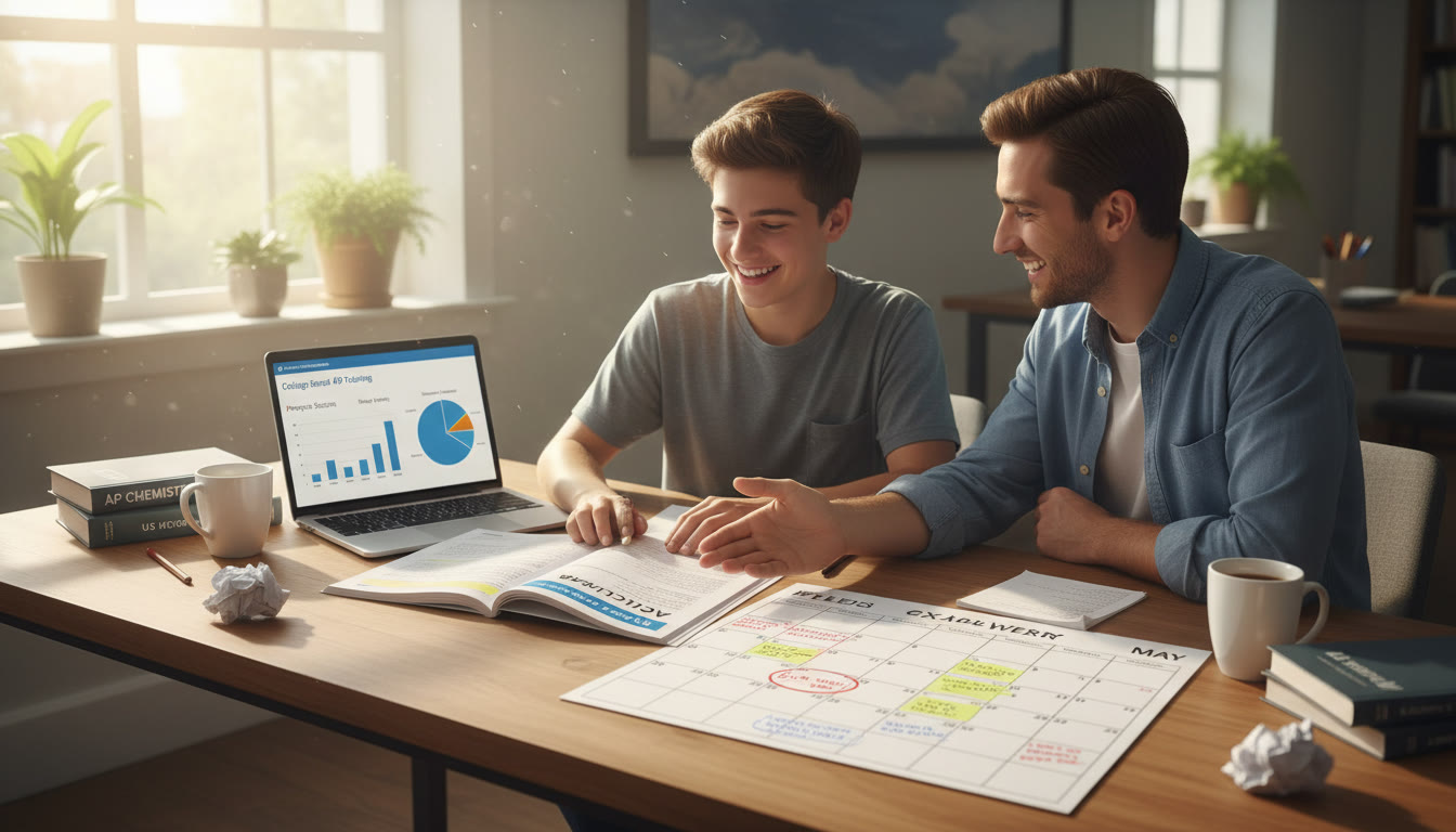 Photo Idea : A focused tutoring session—student and tutor at a table with a practice exam, a calendar open to a study plan, and a laptop displaying analytics. This image conveys collaboration, strategy, and forward motion.