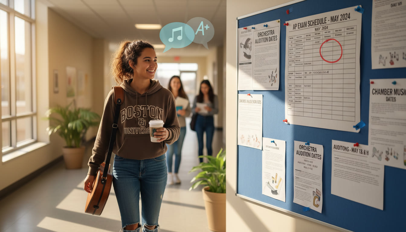 Photo Idea : A student with a violin case walking past a bulletin board full of AP exam schedules and audition posters captures the tug between music commitments and testing dates.