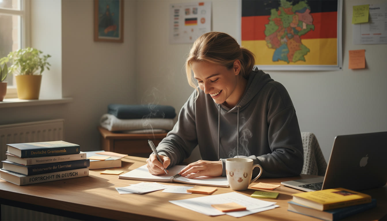 Photo Idea : A cheerful student at a desk surrounded by German textbooks and notes, writing steadily with a cup of coffee — natural, lively study scene.