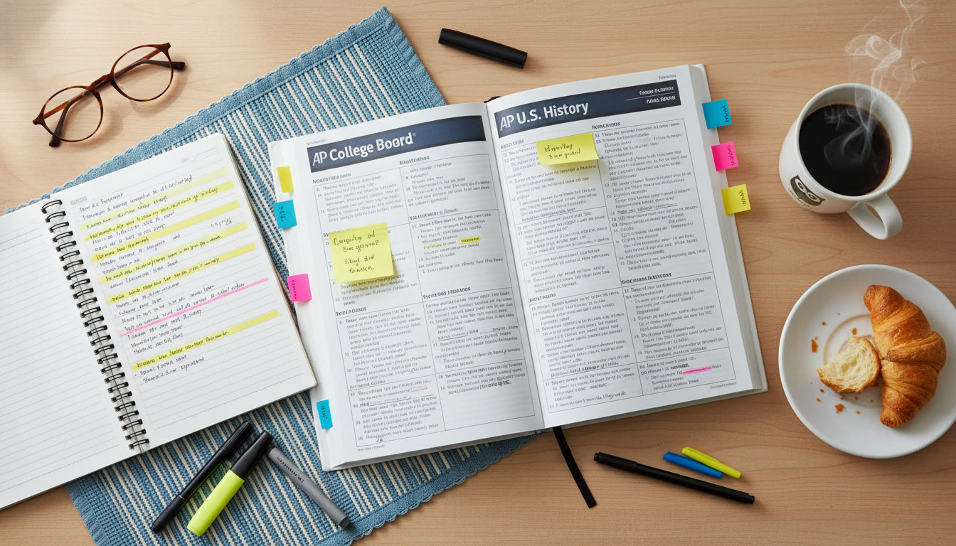 Photo Idea : A top-down shot of a student’s desk with an open AP practice book, a notebook with highlighted sentences, and a cup of coffee—conveys focused, calm study.