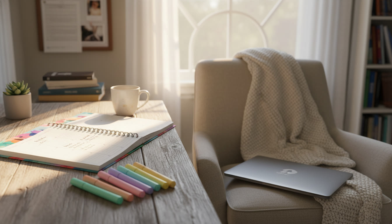 Photo Idea : A cozy study corner with a planner open, highlighters neatly arranged, and a closed laptop—sunlight falling on the page to evoke calm planning energy.