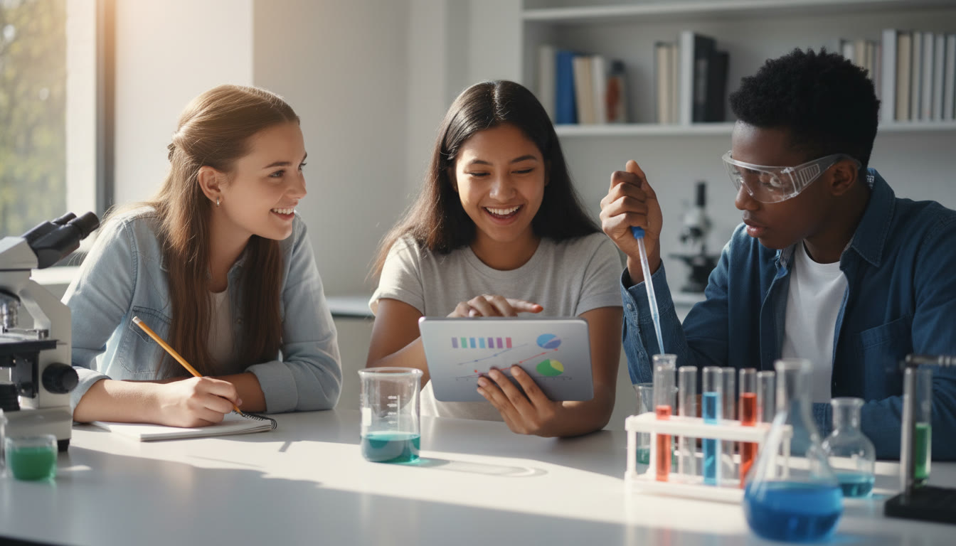 Photo Idea : A bright, natural-photo of three students (diverse, high-school age) collaborating around a lab bench — one holding a tablet with data, another pipetting, and the third sketching a graph. The image conveys teamwork, hands-on lab work, and modern data collection.