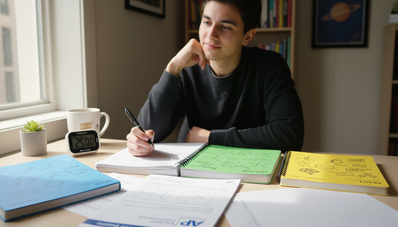 Photo Idea : A study table laid out with three color-coded notebooks (blue for physics, green for chemistry, yellow for biology), a timer, and an AP FRQ booklet — bright natural light showing a student mid-thought, pen poised over a notebook.