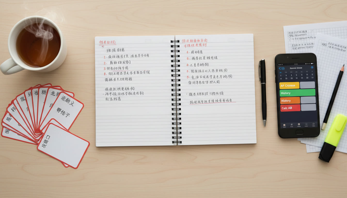 Photo Idea : A flat-lay photo of a student’s study desk with open notebook showing corrected Chinese characters, a set of flashcards, and a smartphone showing a scheduled study plan—conveys organized, active study.