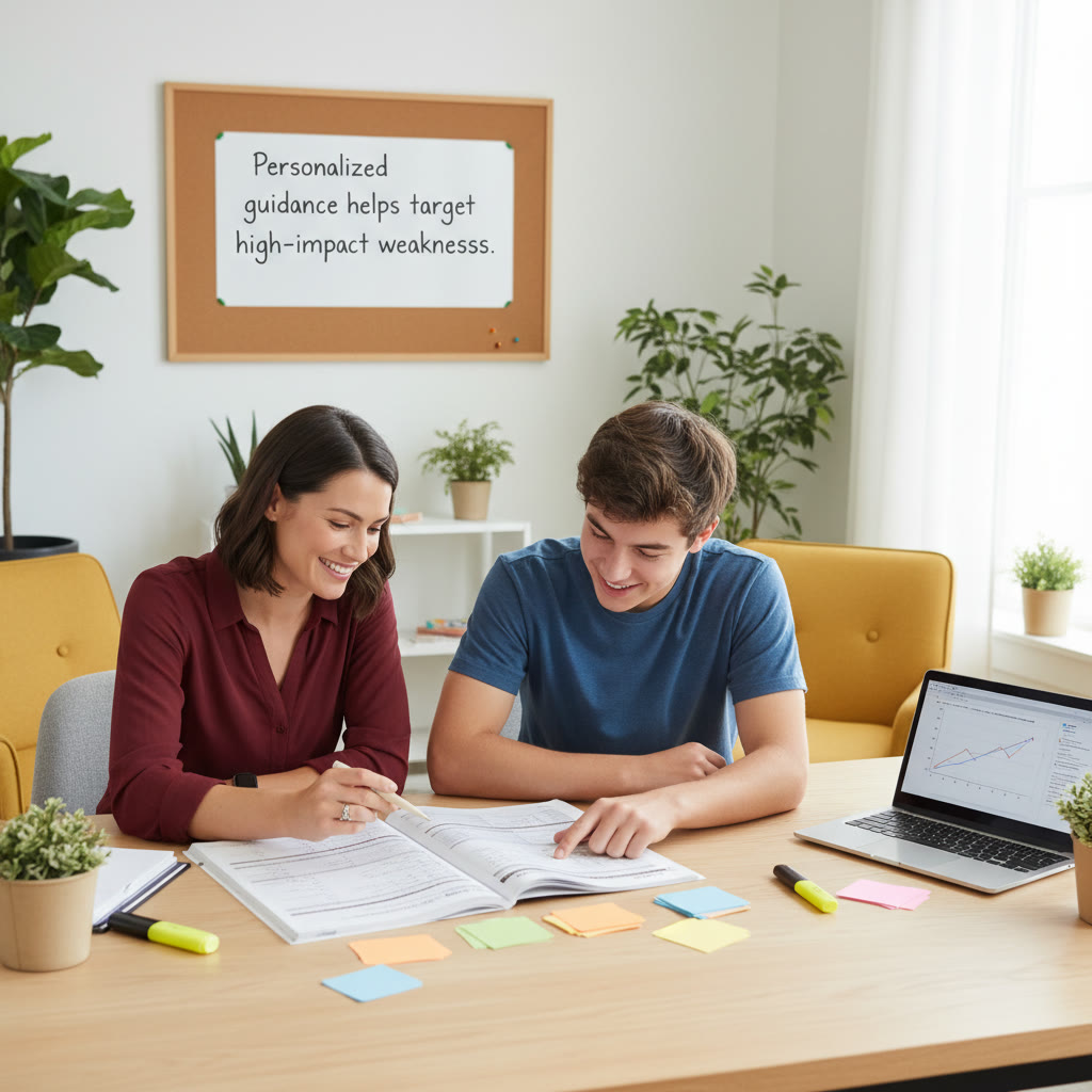 Photo idea: A study session with a tutor and student reviewing a practice test—caption: 