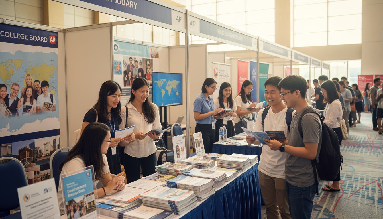 Photo Idea : A bright university fair scene in Singapore with students and parents talking to admissions reps, maps and brochures visible   captures the crossroads of choices.