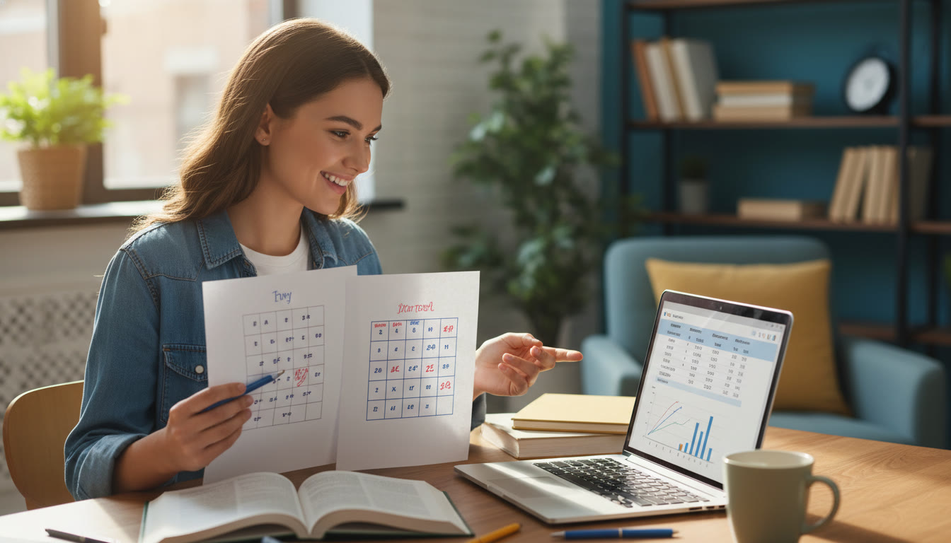 Photo Idea : A student in a study nook comparing Punnett squares on paper with a laptop screen showing a data table—the image conveys practical problem-solving and modern study tools.