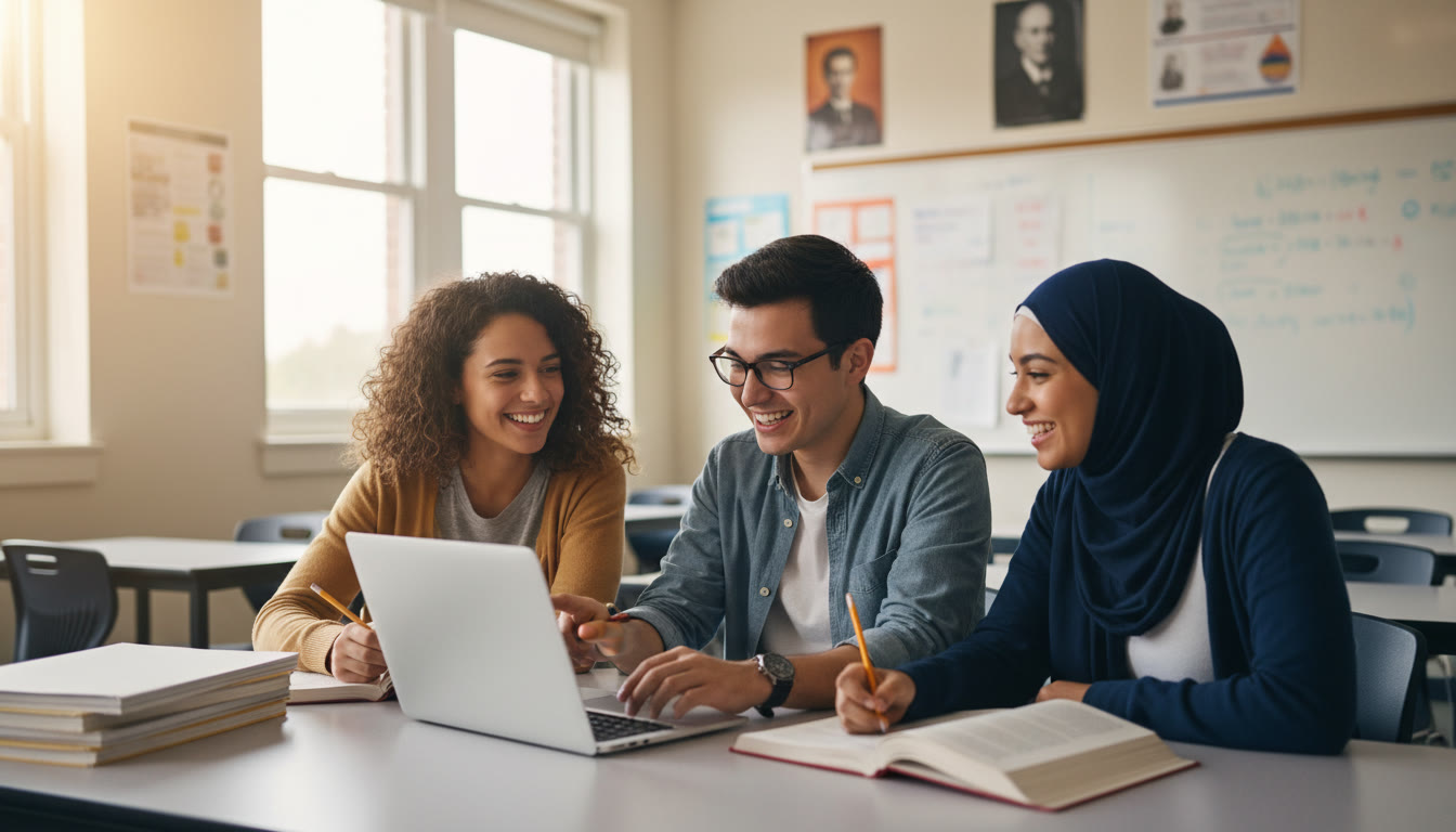 Photo Idea : A brightly lit classroom scene with three students leaning over a laptop, pointing at a paper while smiling — captures collaborative energy and focused discussion.