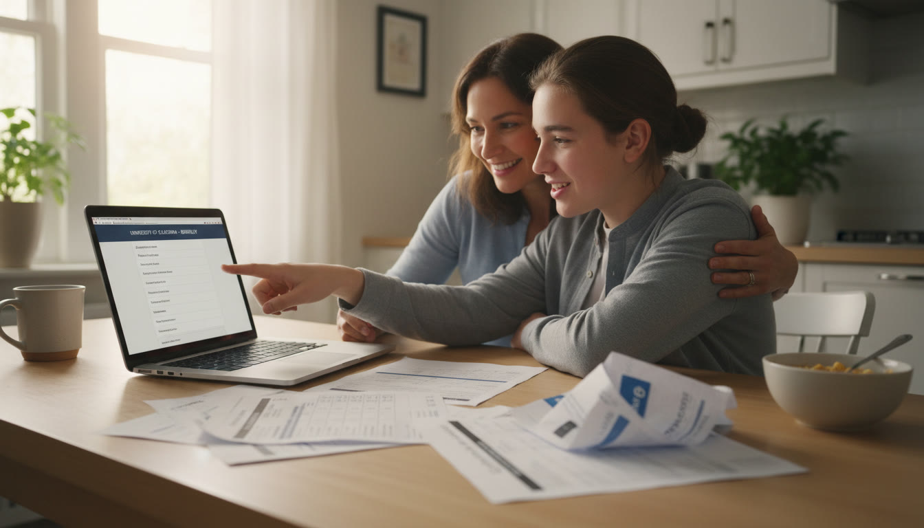 Photo Idea : A parent and teen sitting at a kitchen table with AP score report printouts and a laptop open to a university admissions page — warm morning light, relaxed but focused atmosphere.