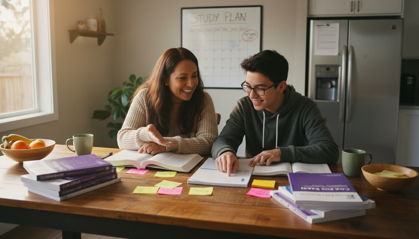 Photo Idea : A warm, candid image of a parent and teen at a kitchen table with practice tests and sticky notes, smiling and discussing a plan.