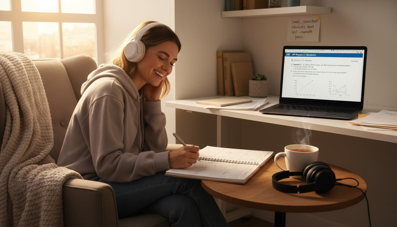 Photo Idea : A bright, warm study nook with a student writing in a planner, headphones on, a laptop showing practice questions, and a mug of tea. Caption: 