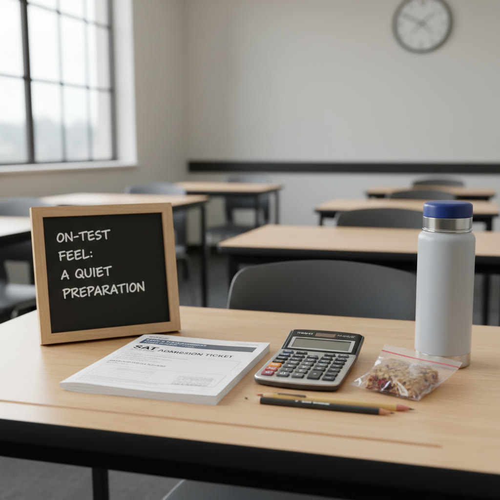 On-test feel: a quiet test center desk with an approved calculator and a small snack; suggests calm preparedness and a simple ritual.